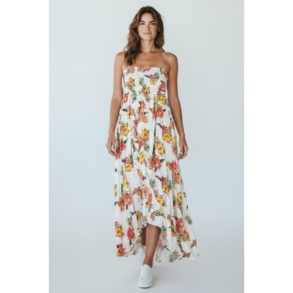 Salty Lemon Floral Strapless Maxi Dress White Tropical Ruffle Hem Boho M